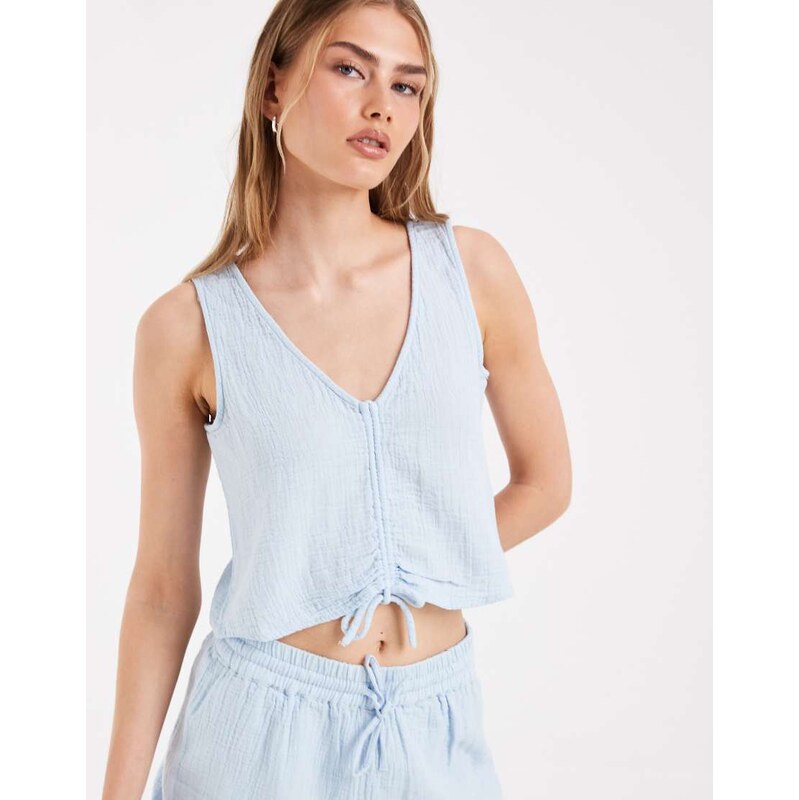 Pieces crinkle cotton sleeveless tie front top co-ord in pale blue 115715826