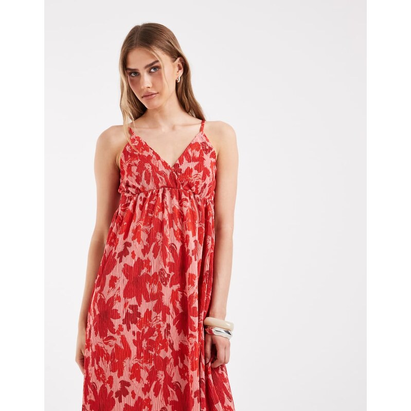Pieces wrap detail cami plisse maxi dress in pink and red floral print 115715819