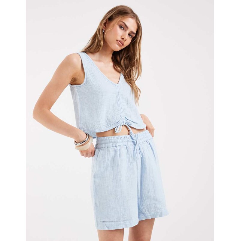 Pieces crinkle cotton high waisted shorts co-ord in pale blue 115715822