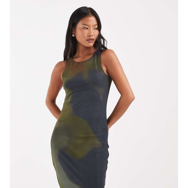 Vero Moda Petite sleeveless seam front mesh dress in brown and green 115715817