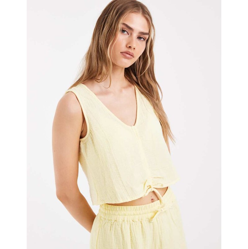 Pieces crinkle cotton sleeveless tie front top co-ord in pastel yellow 115715827