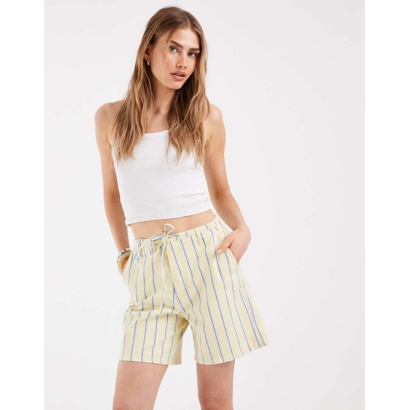 Pieces tie waist denim shorts in yellow and blue stripe