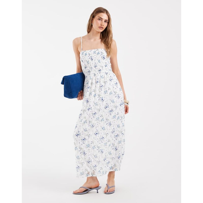 Pieces smocked lace cami maxi dress in blue ditsy floral print