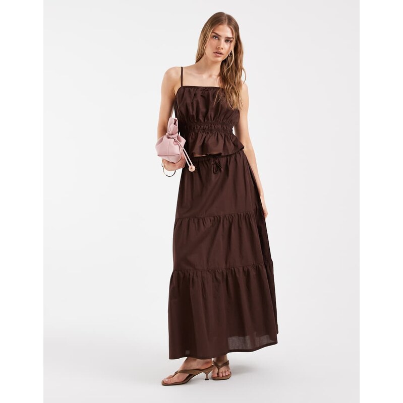 Pieces boho tiered poplin cotton maxi skirt co-ord in coffee brown 115715848