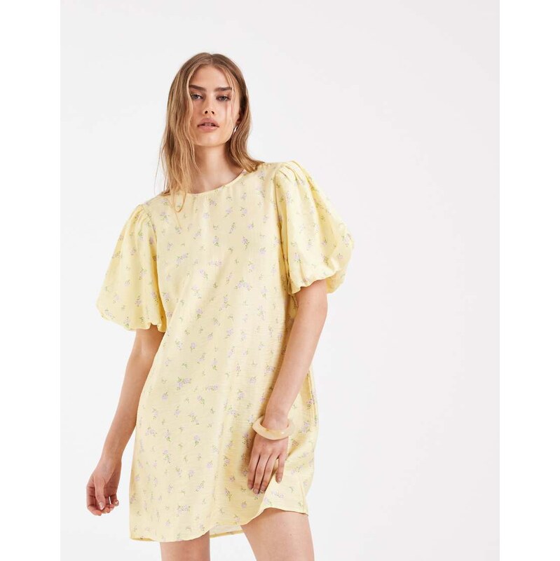 Pieces volume sleeve bow back mini shift dress in yellow ditsy