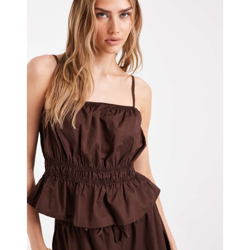 Pieces shirred waist cotton poplin cami top co-ord in coffee