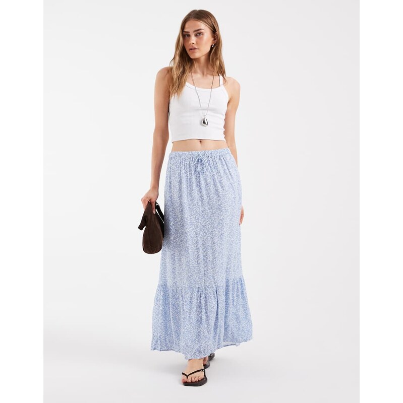 Pieces tie waist tiered maxi skirt in blue and white ditsy floral 115715841