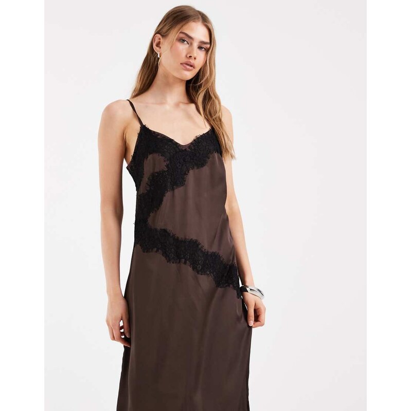 Pieces satin cami maxi dress with lace trim in chocolate brown