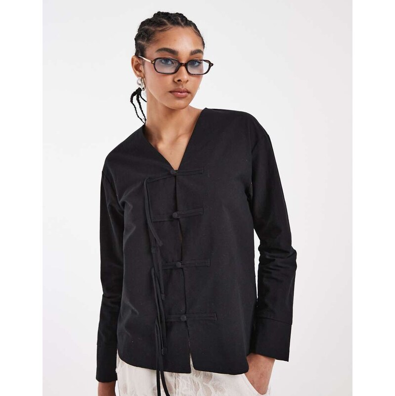 ASOS DESIGN mandarin detail tie front blouse in black 115715857