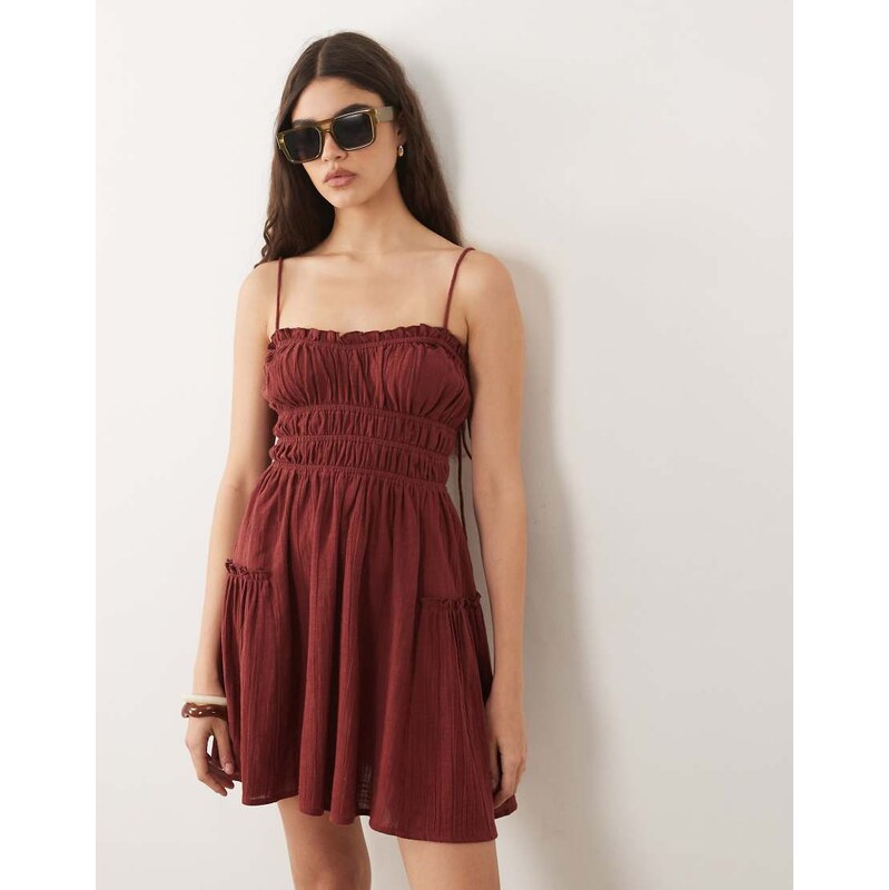 ASOS DESIGN Faith beach shirred mini sundress in burgundy