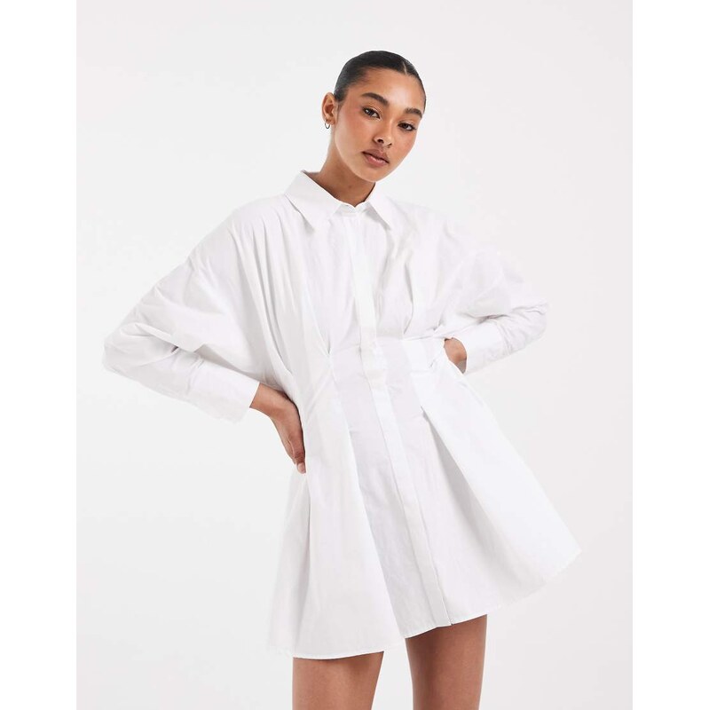 ASOS DESIGN white cinched shirt dress with broderie trim in