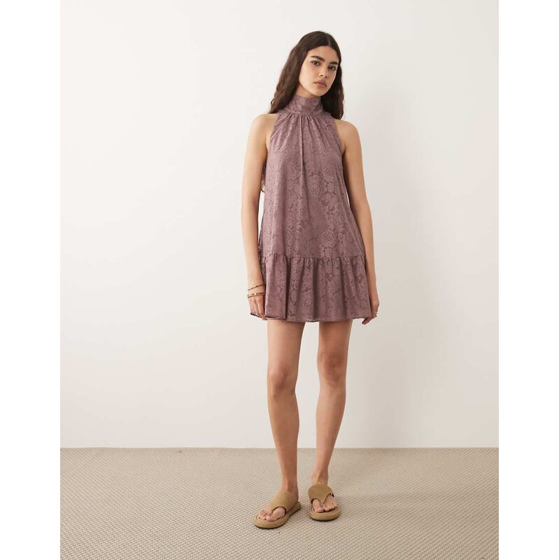 ASOS DESIGN high neck smock mini lace dress in lilac-Purple