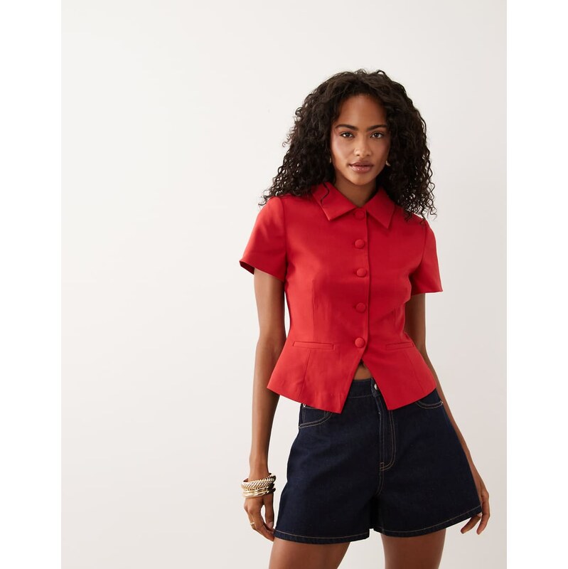 ASOS DESIGN cinch short sleeve collar blazer in red 115715896