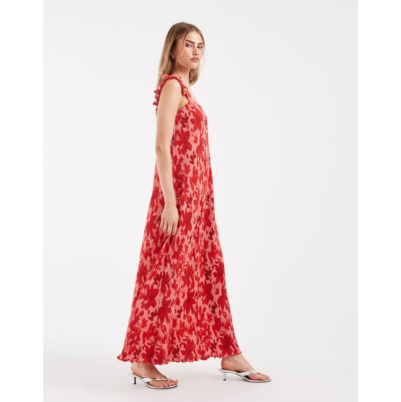 Pieces plisse maxi dress with frill sleeves in pink and red