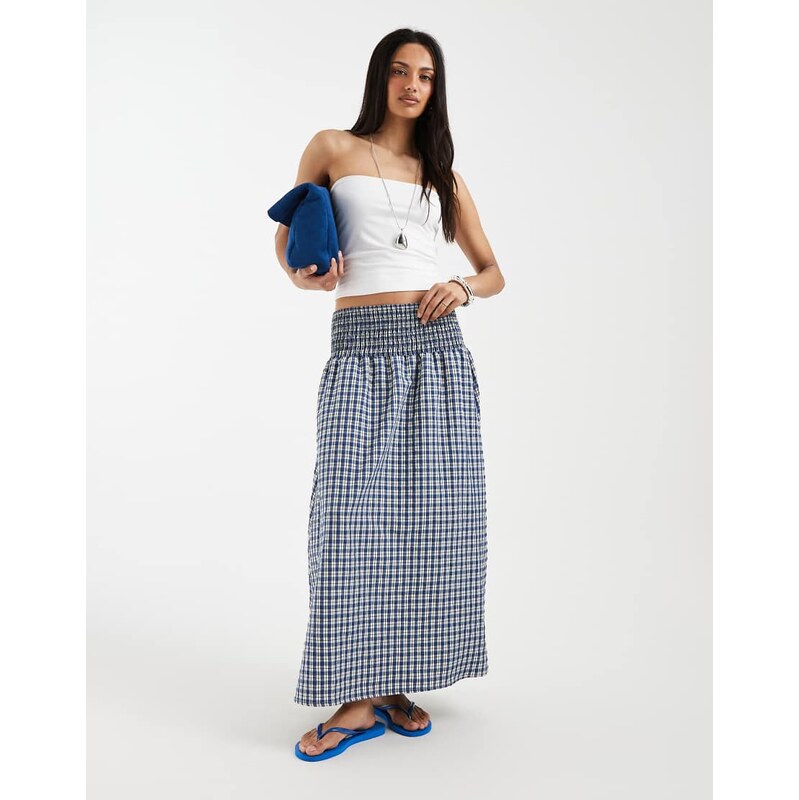 ASOS DESIGN shirred waist maxi skirt in blue check co ord-Multi