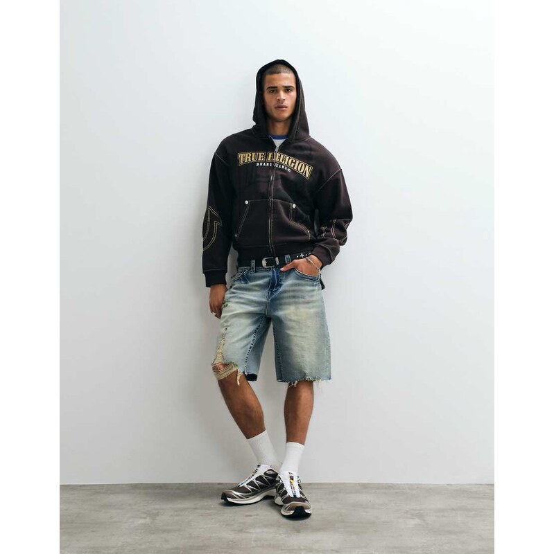 True Religion bobby flap pocket denim shorts with raw hem in