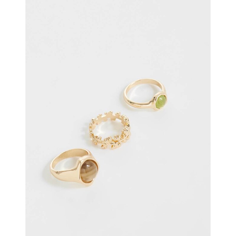 ASOS DESIGN multi-pack of rings with green and burgundy stone