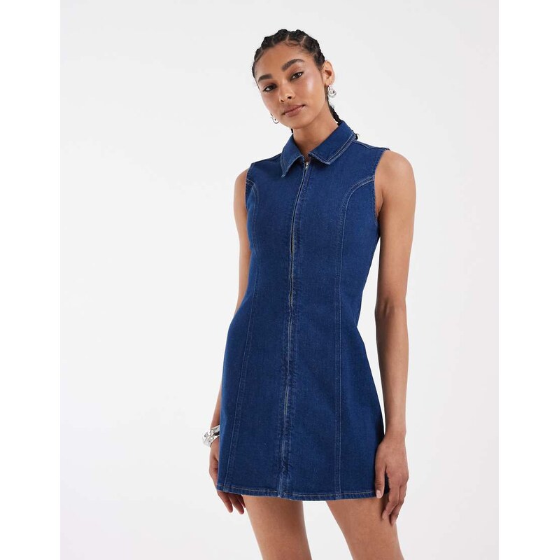 Asos Design denim bodycon mini dress with zip in clean blue