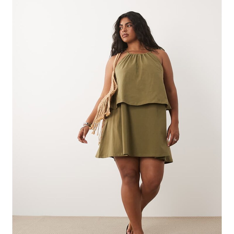 ASOS Curve ASOS DESIGN curve tie neck baby doll mini dress-Green 115715960