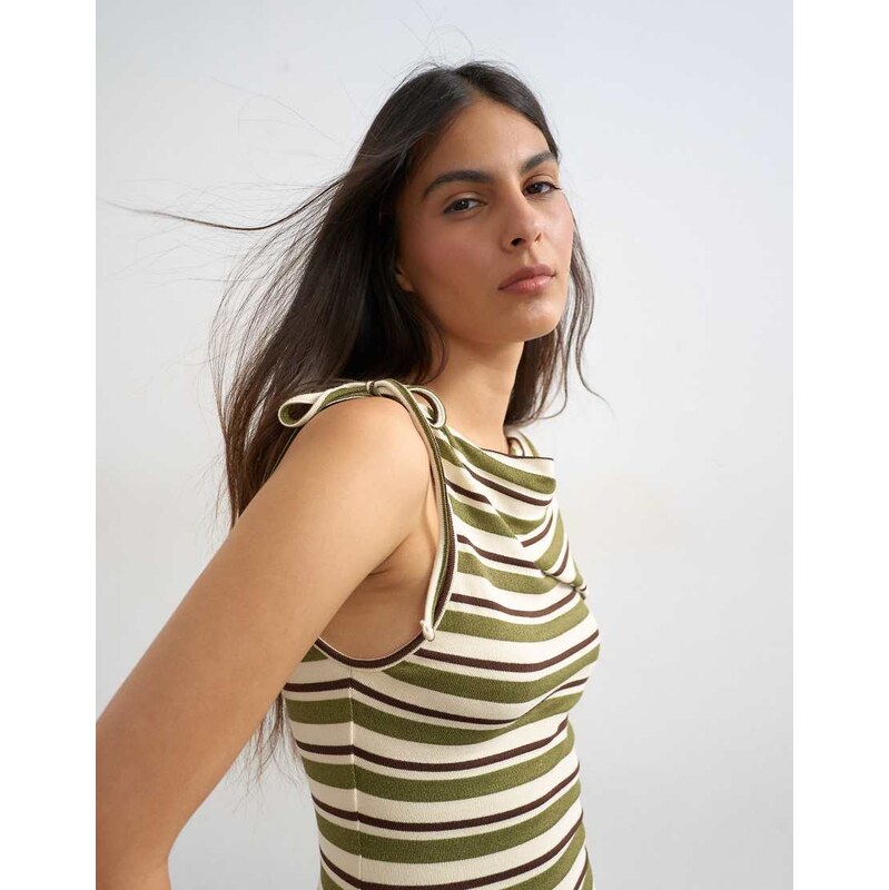 Topshop stripe fold over tie shoulder tank in green 115715965