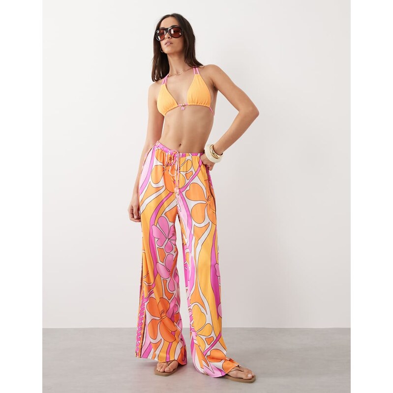 Kulani Kinis sunrise swirl wide leg trouser in pink and orange 115715982