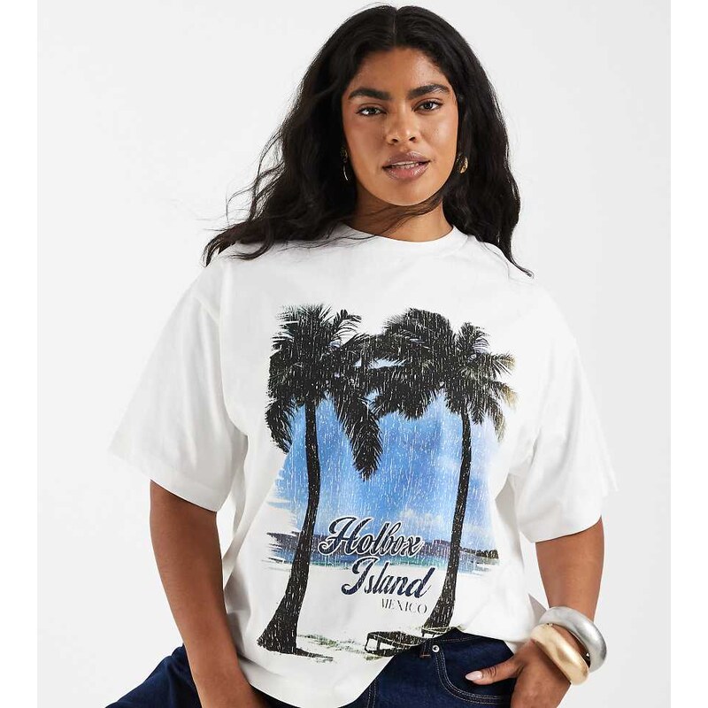 ASOS Curve ASOS DESIGN Curve oversized T-shirt with Holbox Island palm 115715990