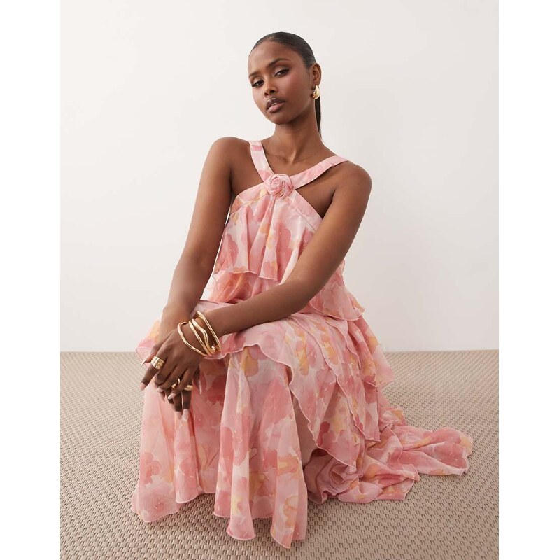 Vero Moda Felicia halter neck tiered maxi dress with corsage detail in 115715991