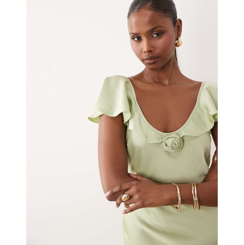 Vero Moda cap sleeve rose detail maxi dress in sage green 115715994
