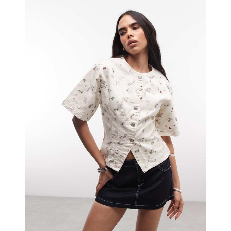 ASOS DESIGN cinch top in floral denim-White