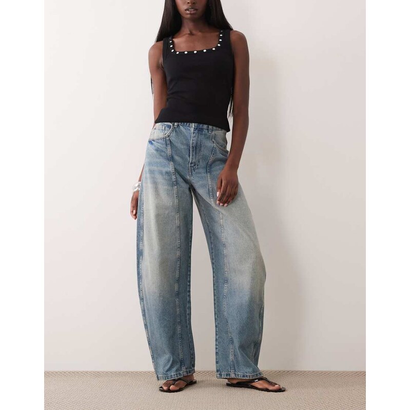 ASOS DESIGN seamed barrel leg jean in vintage wash-Blue