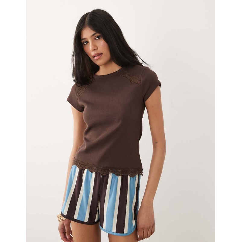 Miss Selfridge ribbed t-shirt with lace inserts in chocolate