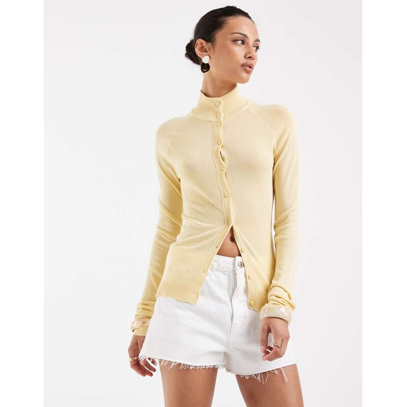 ASOS DESIGN fine knit sheer funnel neck cardigan in buttermilk-Yellow 115716027