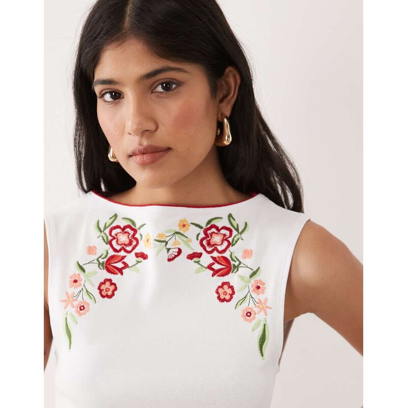 Miss Selfridge slash neck tank with embroidery in white 115716028