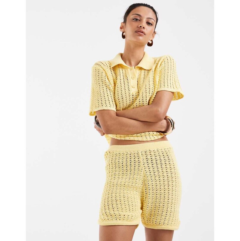 ASOS DESIGN knitted crochet micro short co-ord in buttermilk