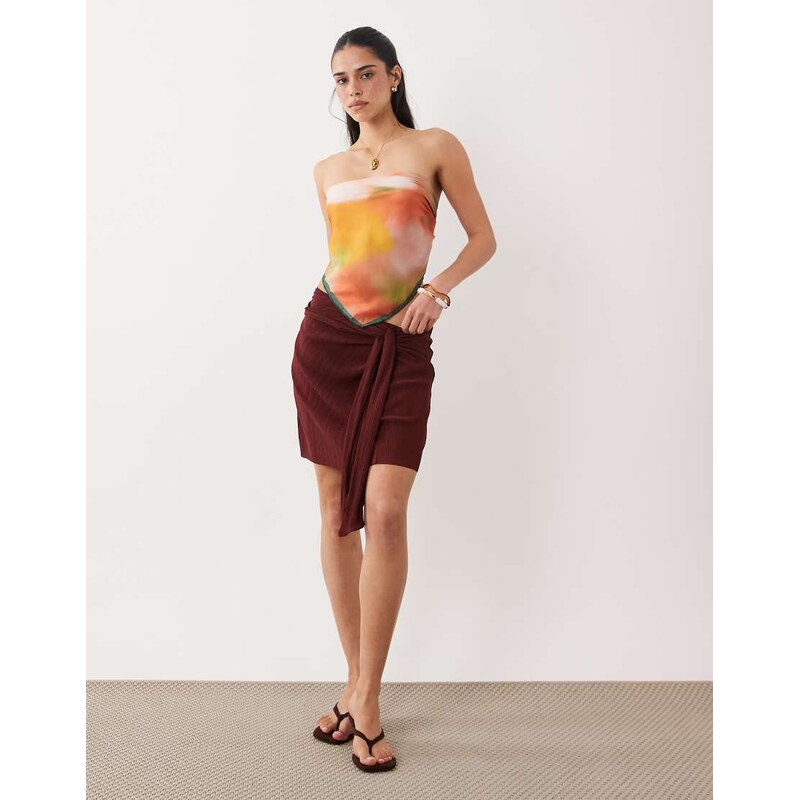 ASOS DESIGN plisse ruched drape detail mini sarong skirt in wine