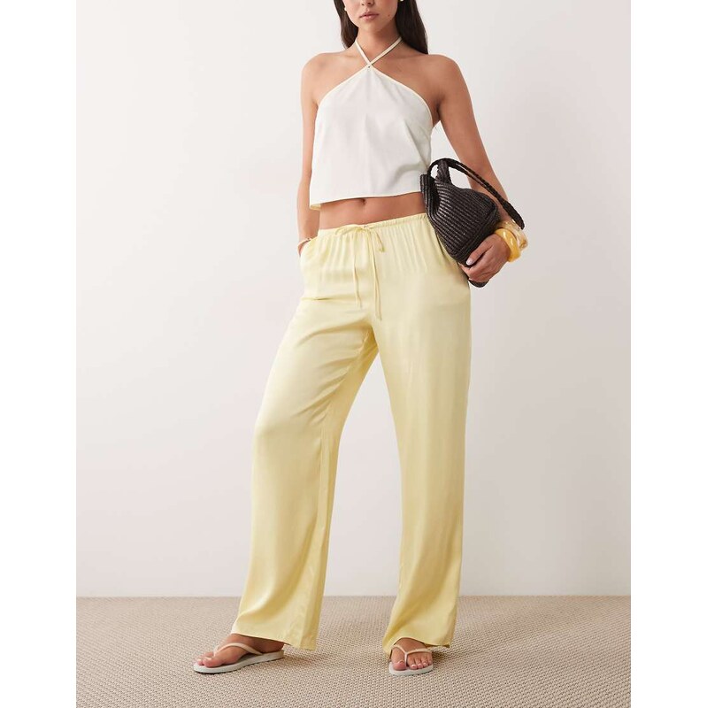ASOS DESIGN satin wide leg pull on trouser in buttermilk-Yellow 115716054