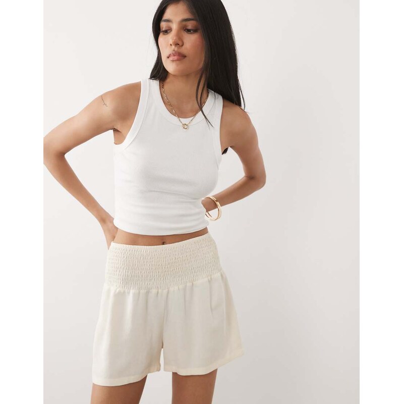 ASOS DESIGN linen blend shirred waist short in ivory-White 115716056