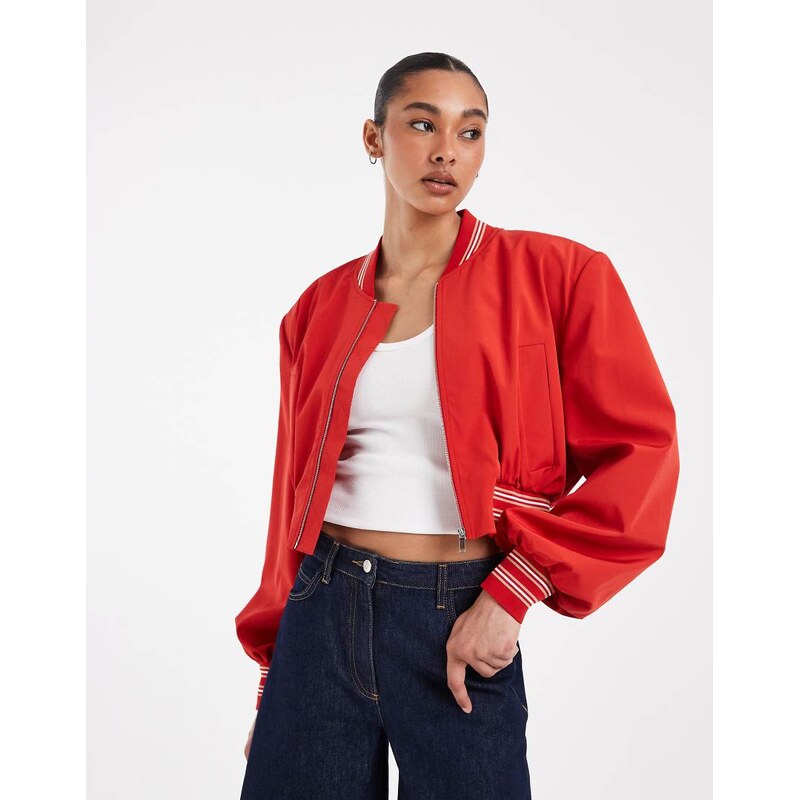 ASOS DESIGN cropped shoulder pad bomber jacket in red 115716076