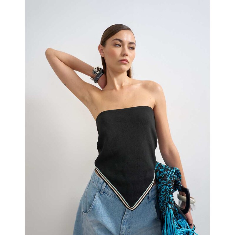 Topshop knitted bandana scarf top in black-Multi