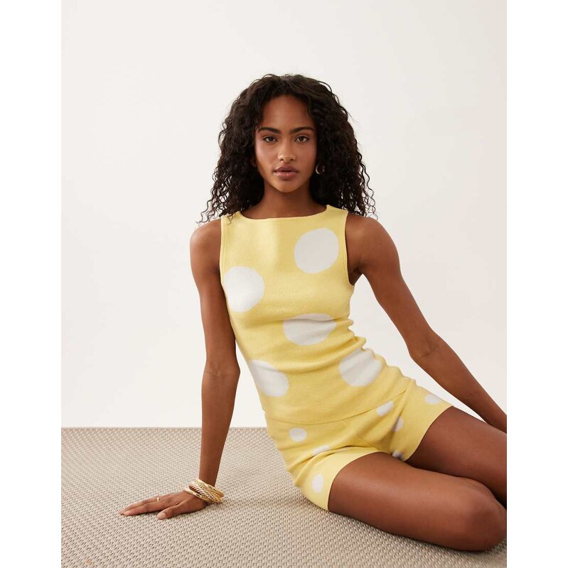 ASOS DESIGN knitted asymmetric top co-ord in yellow polka dot
