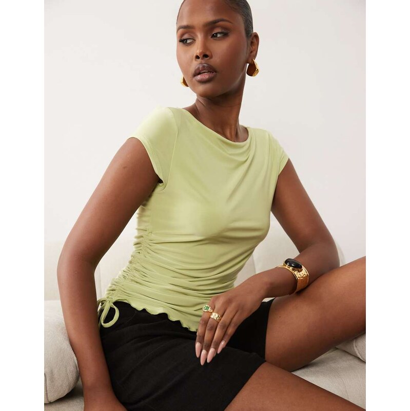 ASOS DESIGN lettuce edge cap sleeve with ruching channel in lime