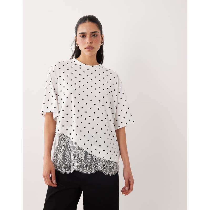 ASOS DESIGN short sleeve t-shirt with lace hem in polka dot