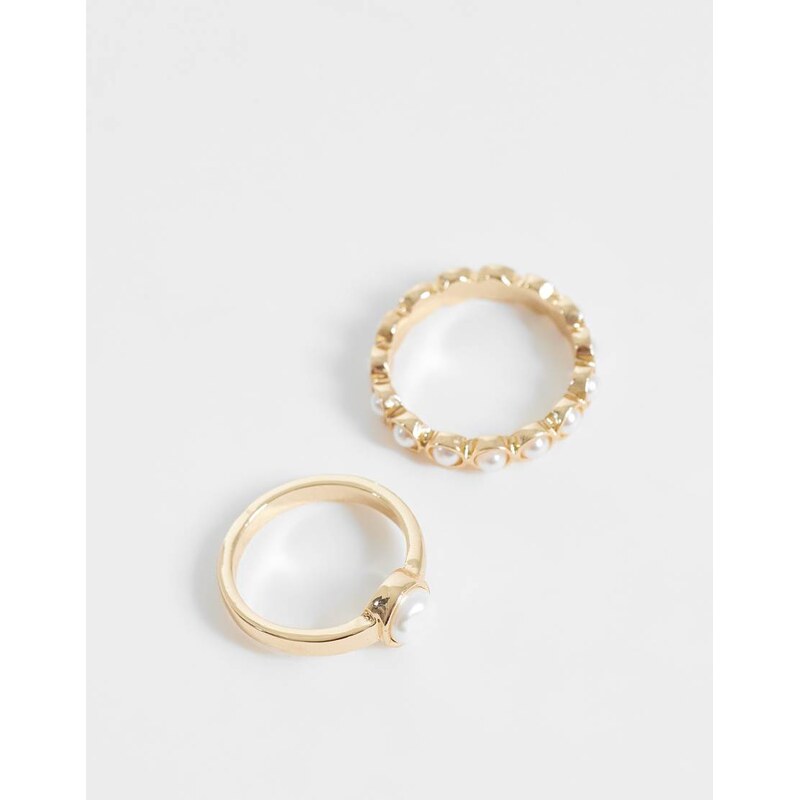 ASOS DESIGN pack of mini rings with mini faux pearl detail in gold 115716103