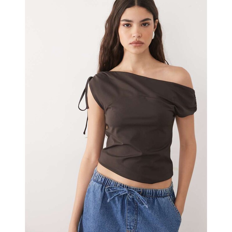 ASOS DESIGN off shoulder with tie details top in chocolate-Multi