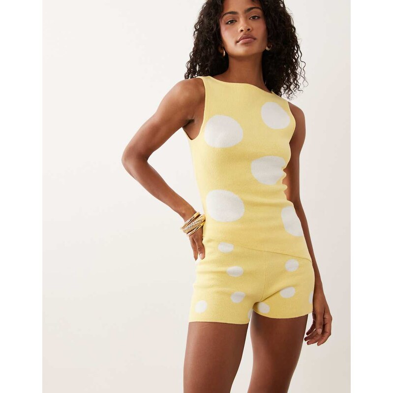 ASOS DESIGN knitted asymmetric short co-ord in yellow polka dot