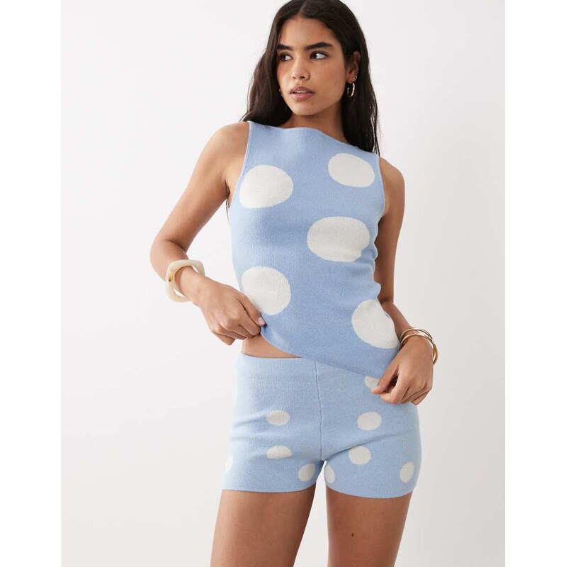 ASOS DESIGN knitted asymmetric short co-ord in blue polka dot