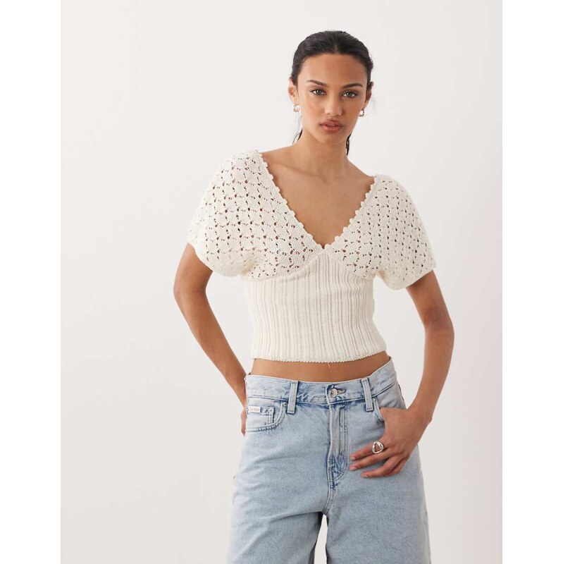 ASOS DESIGN knitted plunge cinch top in ecru-Yellow