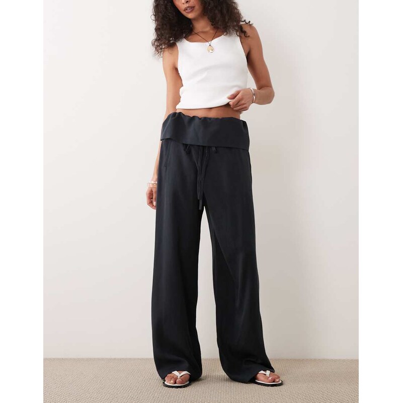 Mango cotton rich folded waist relaxed trouser in charcoal-Grey 115716155