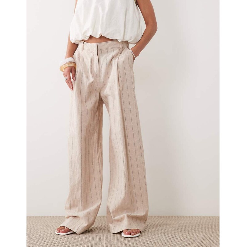 Mango linen mix tailored straight trouser in beige pinstripe-Brown 115716157