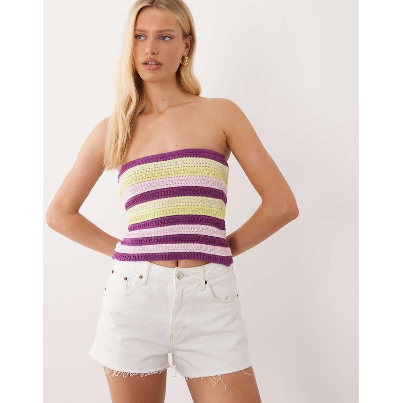 Mango Teen knitted off shoulder top in purple stripe 115716187